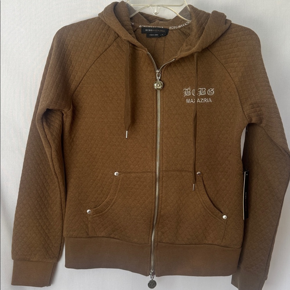 NWT BCBGMAXAZRIA Brown Quilted Full Zip Hoodie Small